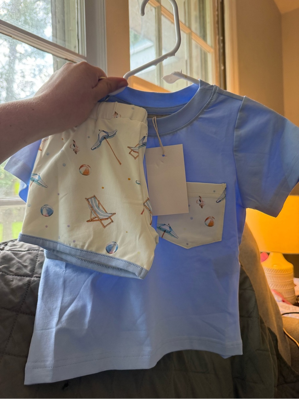 Kids Beach-Themed Matching Set - Light Blue Tee & Cream Print Shorts